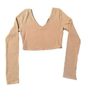 Brown Ribbed V Neck Crop Top Size Medium